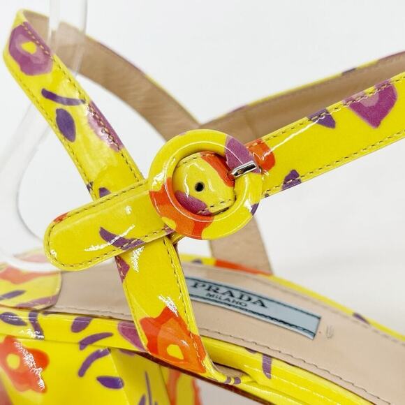 Prada Yellow Floral Patent Leather Chunky Platform Block Heel Sandal size IT 37 - Picture 9 of 14
